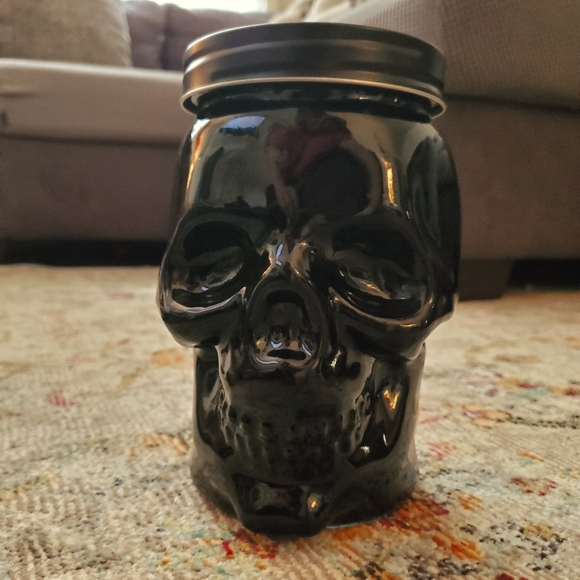 Halloween Large Black Glass Skull Jar Canister. - Picture 1 of 3